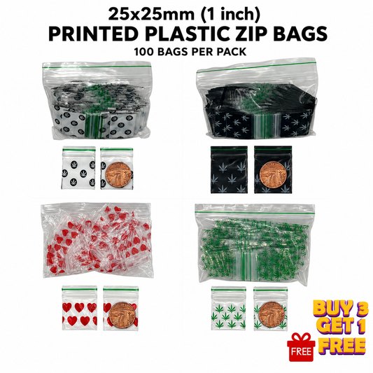 25x25mm 1 inch printed poly grip seal bags in leaf and heart designs