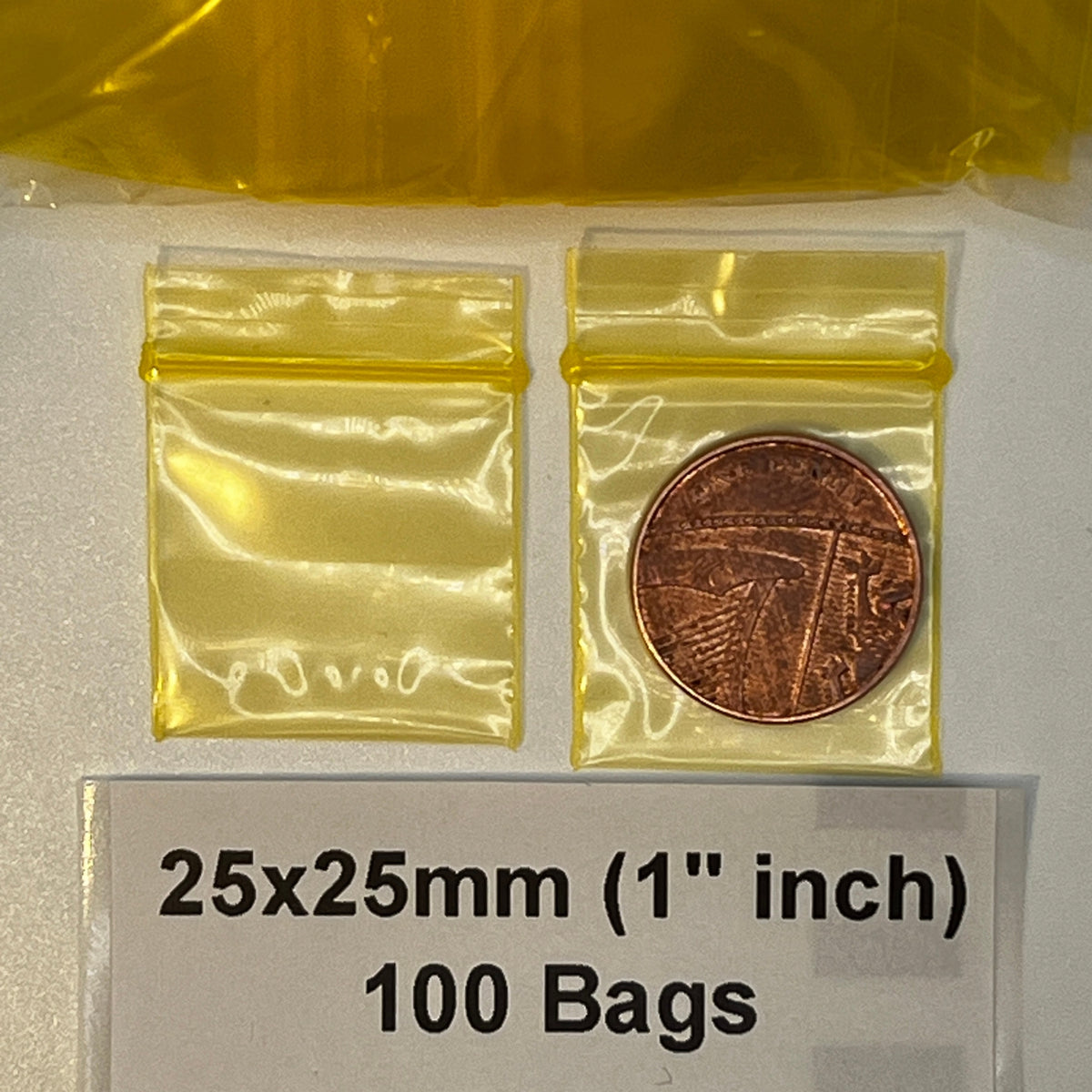 25x25mm , 1 inches , resealable plastic grip seal bags 100 pack size display yellow