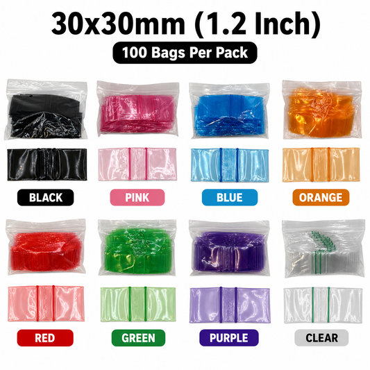 30x30mm 1.2 inch clear and coloured plastic zip bags 100 pack size display