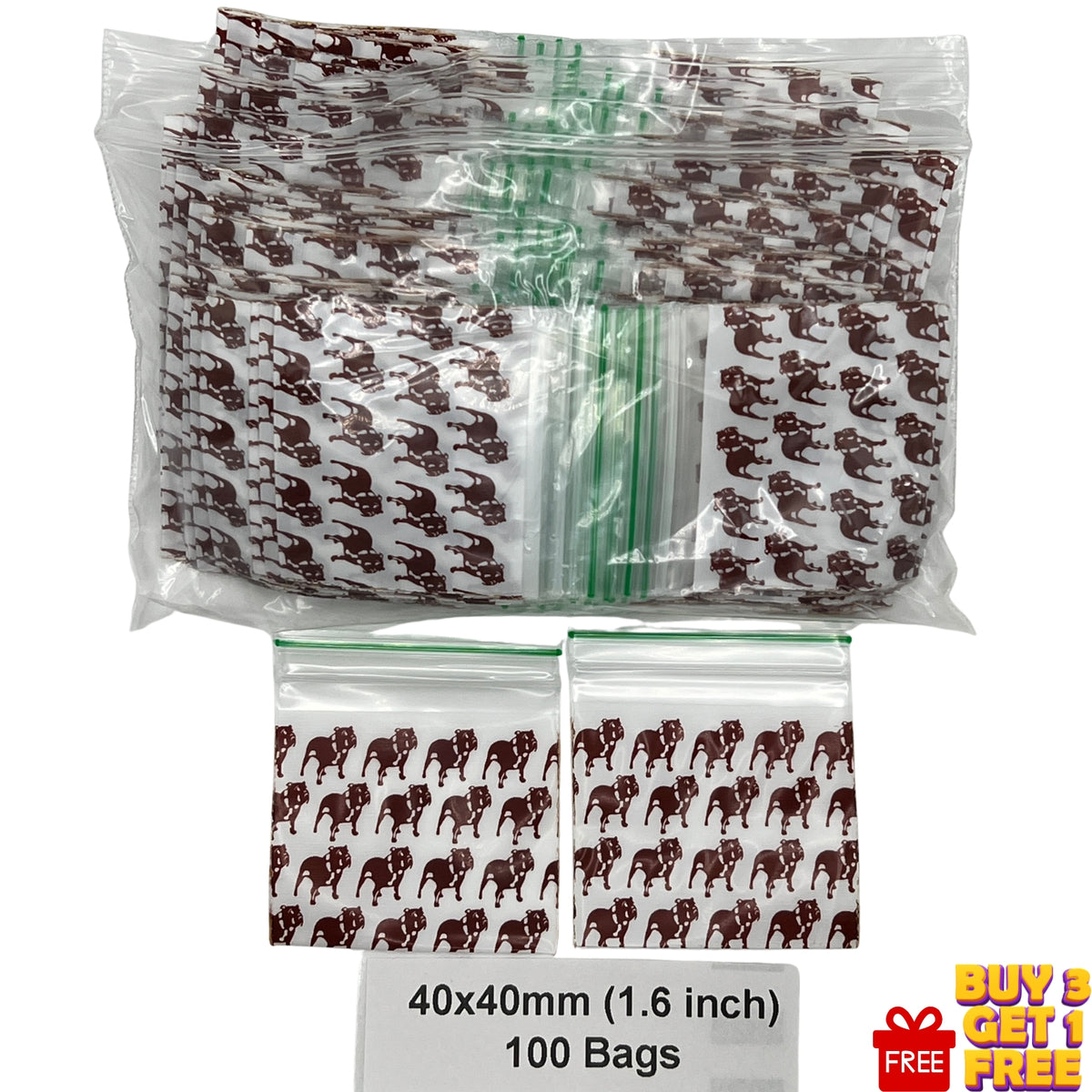 A bulk pack of clear plastic zip-top bags with a repeating brown top dog pattern printed on the clear background, shown with two individual bags displayed below. A text label at the bottom reads '40x40mm (1.6 inch ) baggies