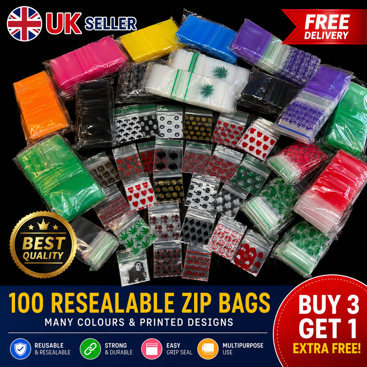 A large assortment of reusable zip bags in many colors and printed designs, baggies, 40x40mm 1.6 inch . 'UK Seller', 'Free Delivery', 'Best Quality', and 'Buy 3 Get 1 free.