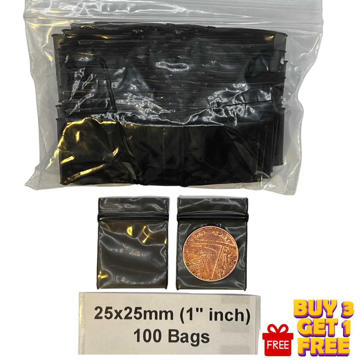 Black 25x25mm , 1 inches , yellow resealable plastic grip seal bags 100 pack size display