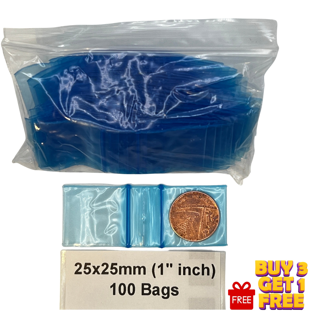 25x25mm blue resealable plastic zip bags 100 pack with penny for scale