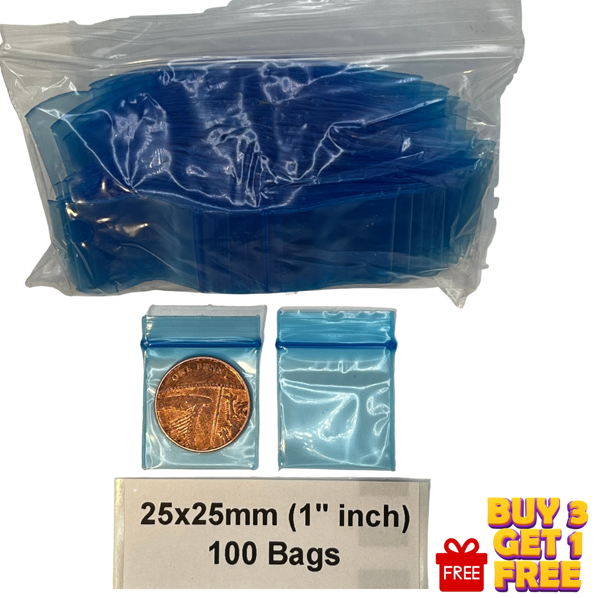 blue 25x25mm , 1 inches , yellow resealable plastic grip seal bags 100 pack size display