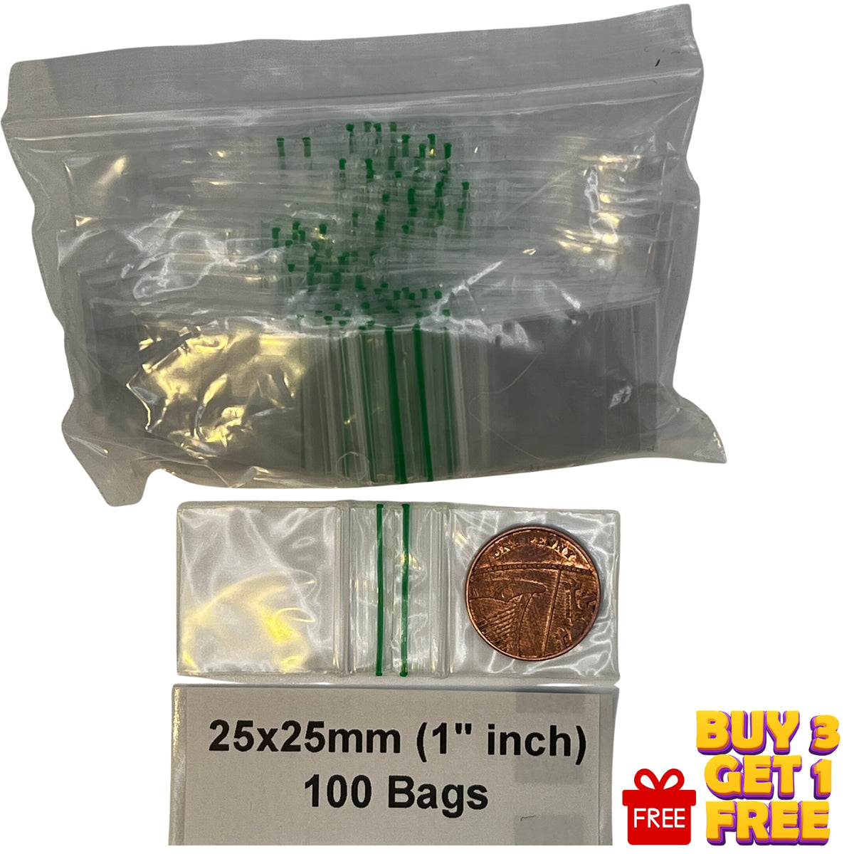 25x25mm clear resealable plastic zip bags 100 pack with penny for scale