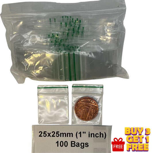 25x25mm clear resealable plastic zip bags 100 pack with size comparison