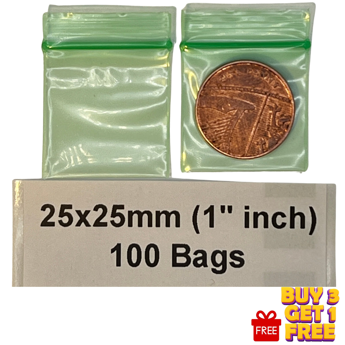 green 25x25mm , 1 inches , resealable plastic grip seal bags 100 pack size display