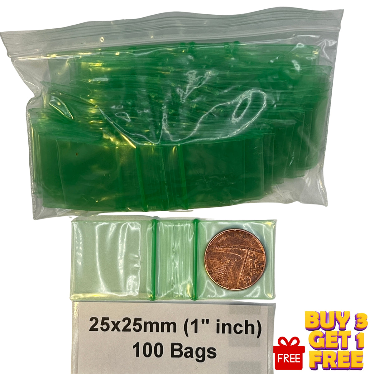 25x25mm green resealable plastic zip bags 100 pack with size comparison