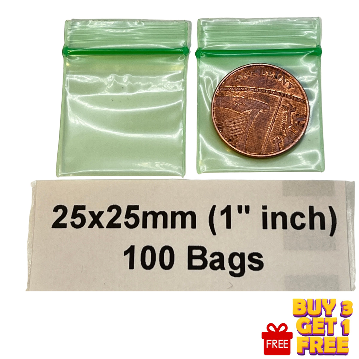 25x25mm , 1 inches , resealable plastic grip seal bags 100 pack size display green 