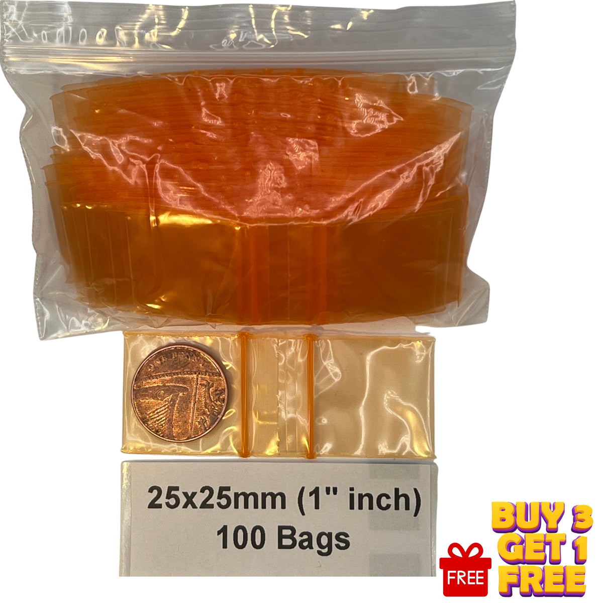 25x25mm orange resealable plastic zip bags 100 pack with size comparison