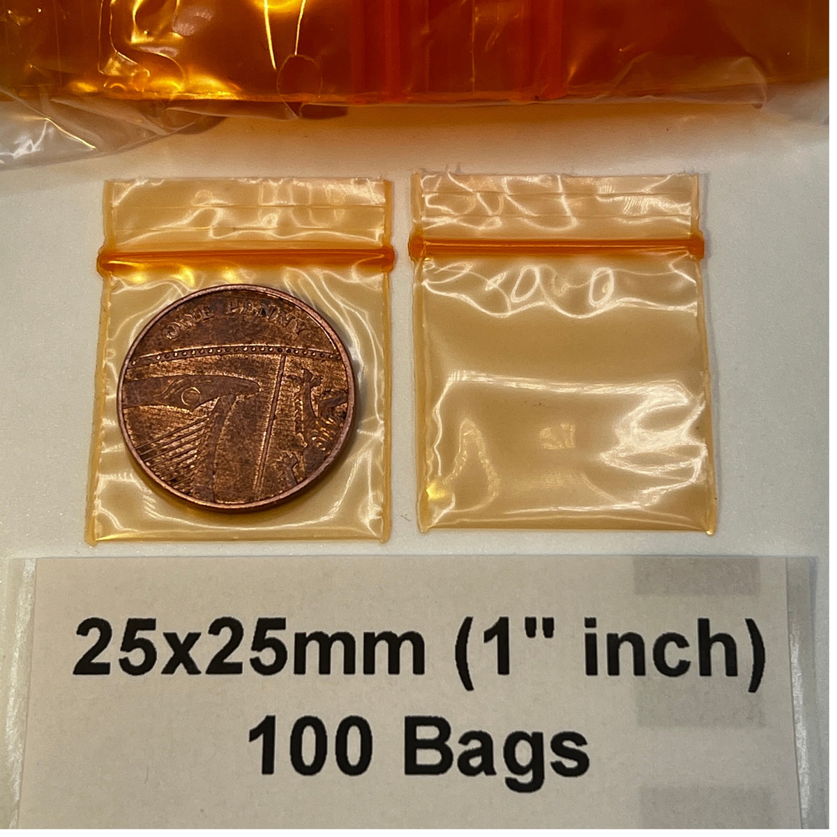 25x25mm , 1 inches , resealable plastic grip seal bags 100 pack size display orange