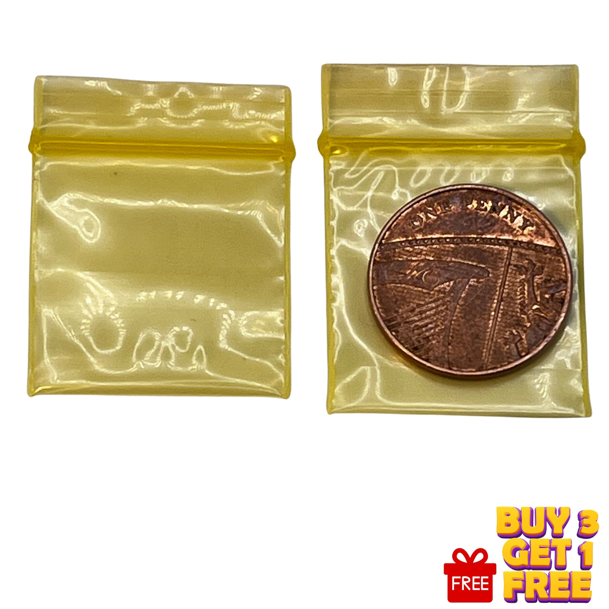 yellow 25x25mm , 1 inches , resealable plastic grip seal bags 100 pack size display