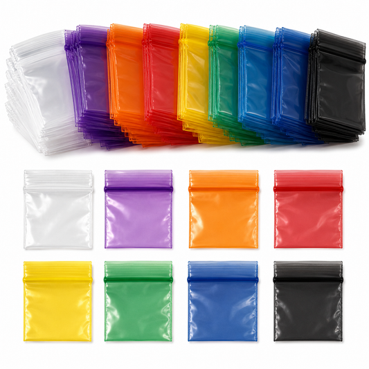 25x25mm clear and coloured resealable plastic zip bags in 100 packs