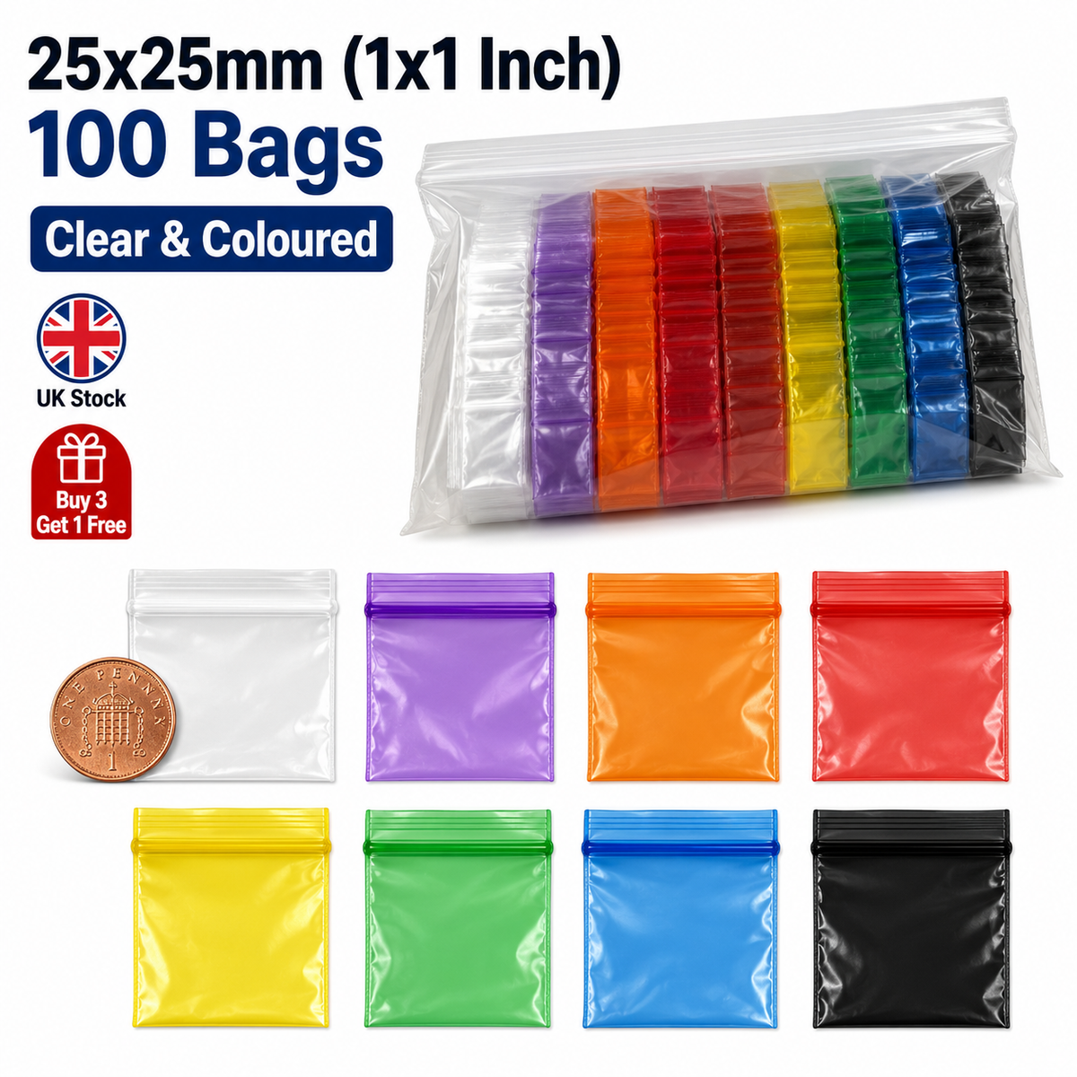 25x25mm clear and coloured zip bags with Buy 3 Get 1 Free offer