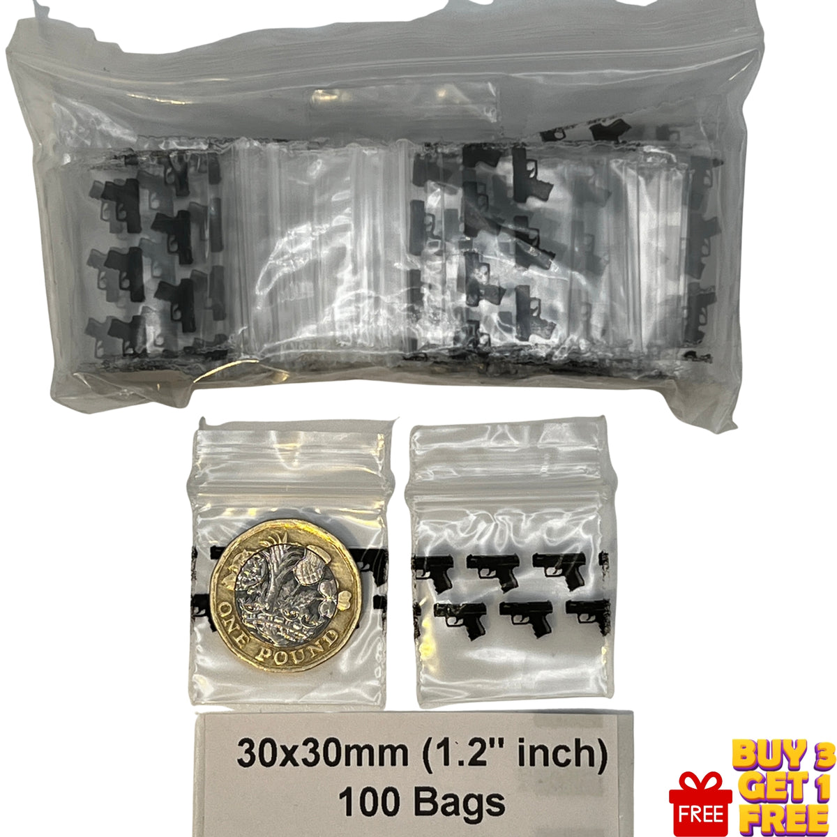 A bulk pack of 100 clear 30x30mm (1.2 inch) self-sealing plastic baggies, shown with two sample bags bang bang print