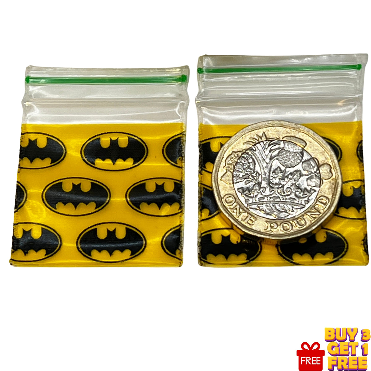 Two clear zip-top plastic  bags with a yellow and black Batman logo pattern, shown on a white background. 30x30mm