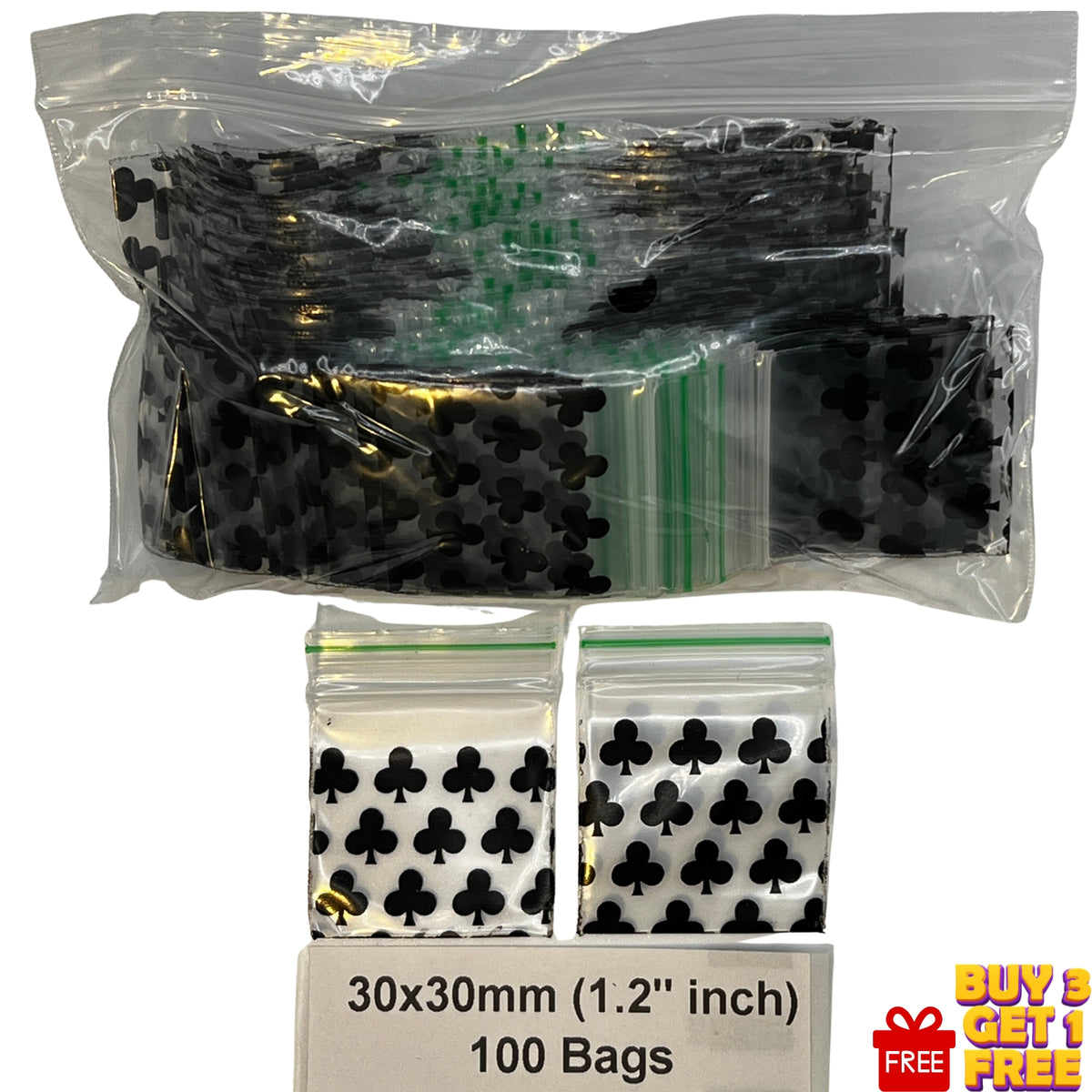 A bulk pack of 100 clear plastic zip-top bags, each printed with a black club card suit symbol printed, 30x30mm