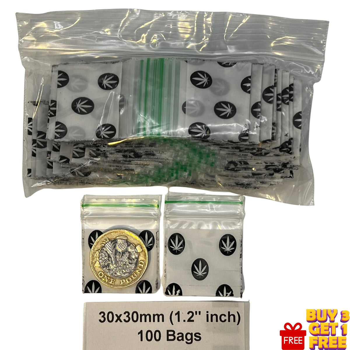 A pack of 100 clear plastic ziplock bags, each printed baggies with black leaf pattern. promotional 'BUY 3 GET 1 FREE' offer badge in the bottom right corner.