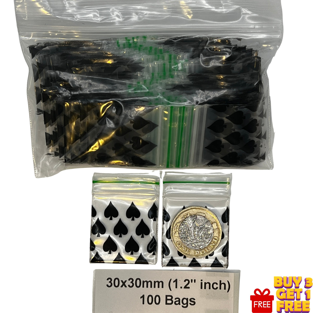 A pack of 100 small clear plastic zip bags with black and white spade card design print, shown with two individual bags and a coin inside, on a white background with a size label at the bottom.