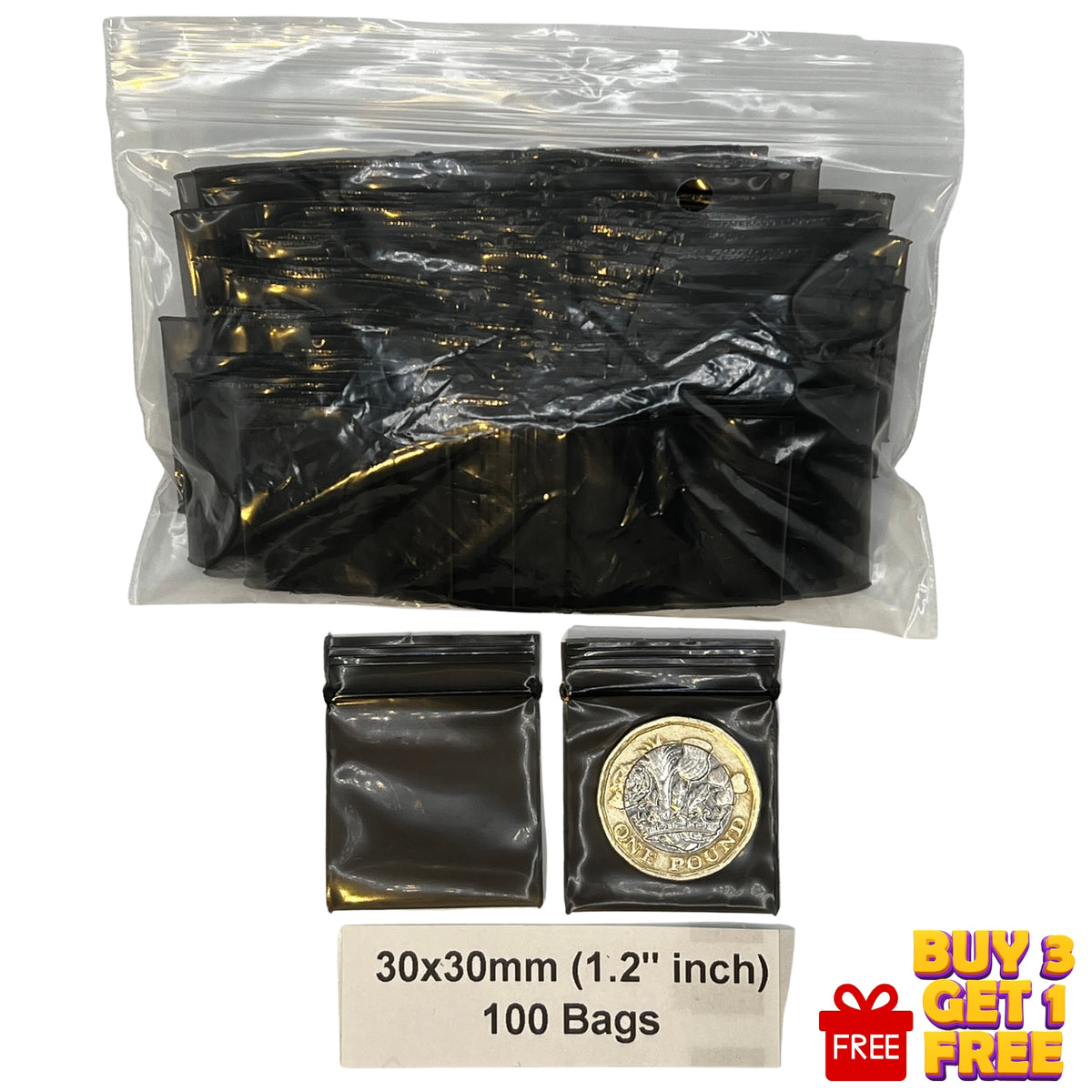 black 30x30mm 1.2 inch plastic zip bags 100 pack size display