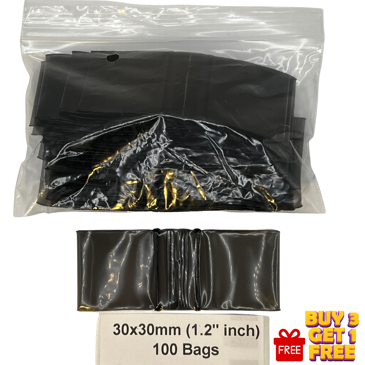 Black: 30x30mm black resealable plastic poly zip bags 100 pack