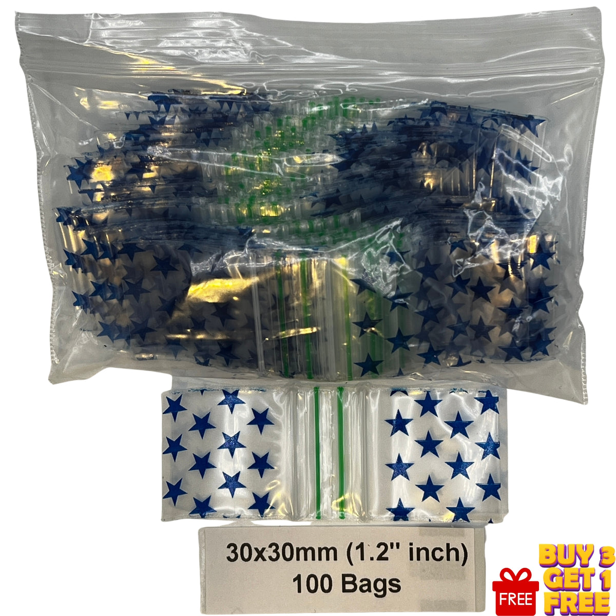 A clear plastic baggies with blue star print- A label reads '30x30mm (1.2 inhes) uk zip bags