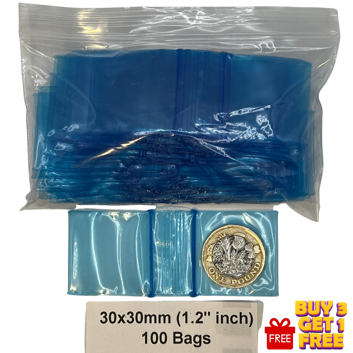 blue 30x30mm 1.2 inch clear and coloured plastic zip bags 100 pack size display