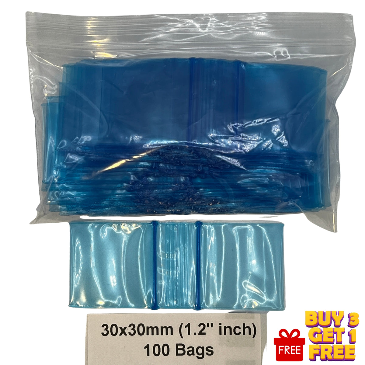 Blue: 30x30mm blue resealable plastic poly zip bags 100 pack