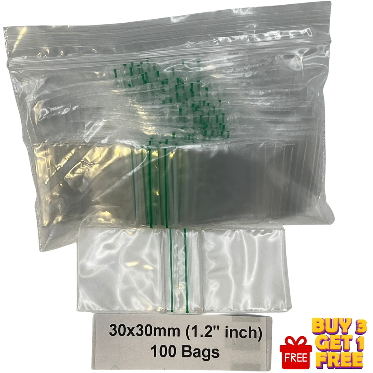 clear 30x30mm 1.2 inch plastic zip bags 100 pack size display