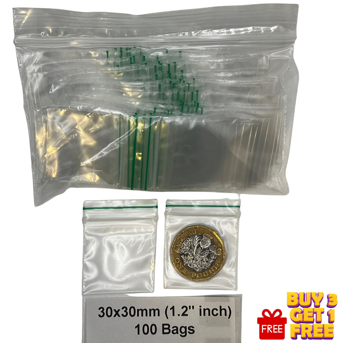 Clear: 30x30mm clear resealable plastic poly zip bags 100 pack