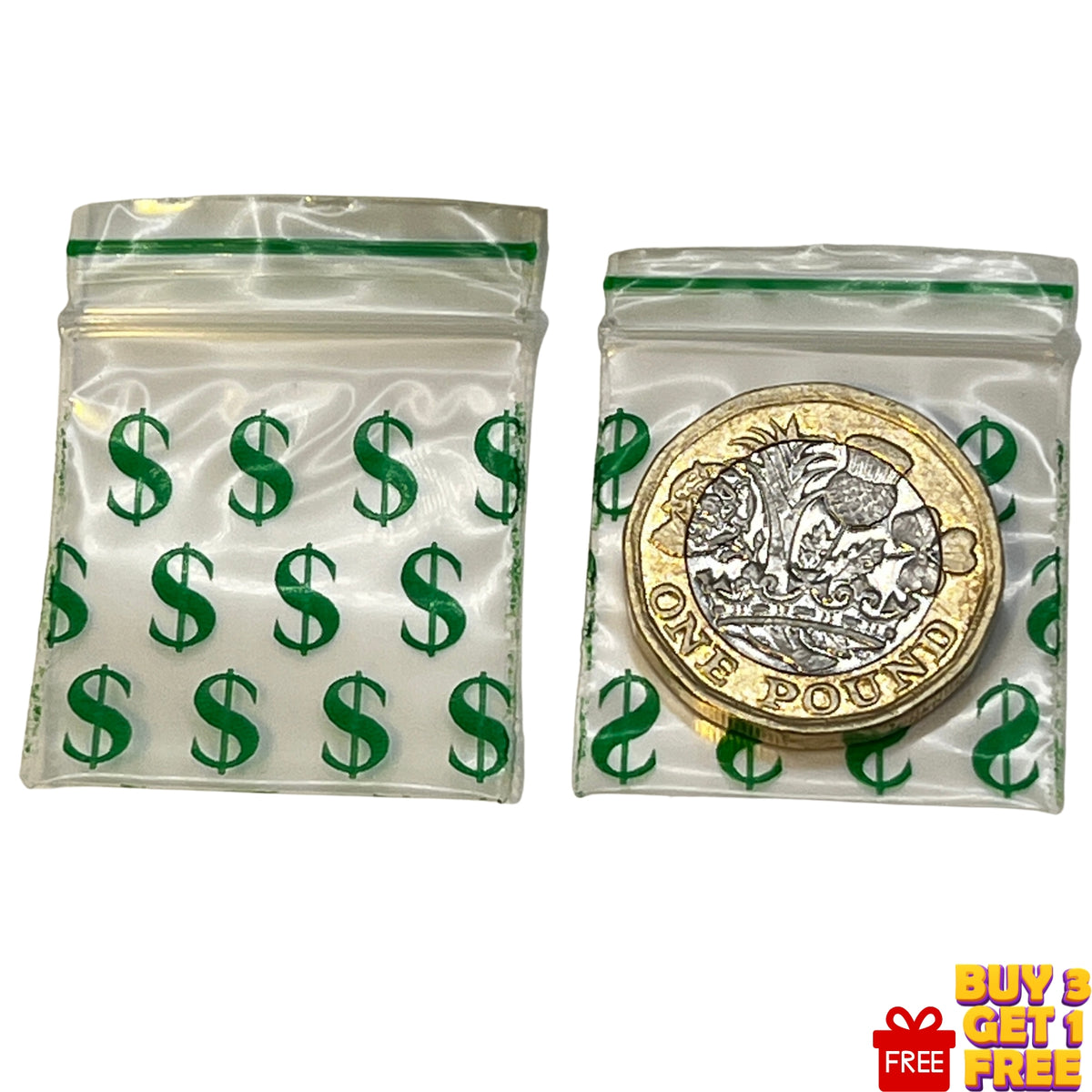 Two clear plastic zip-top bags with green dollar-sign print on a white background, one containing a £1 coin to show the size. 