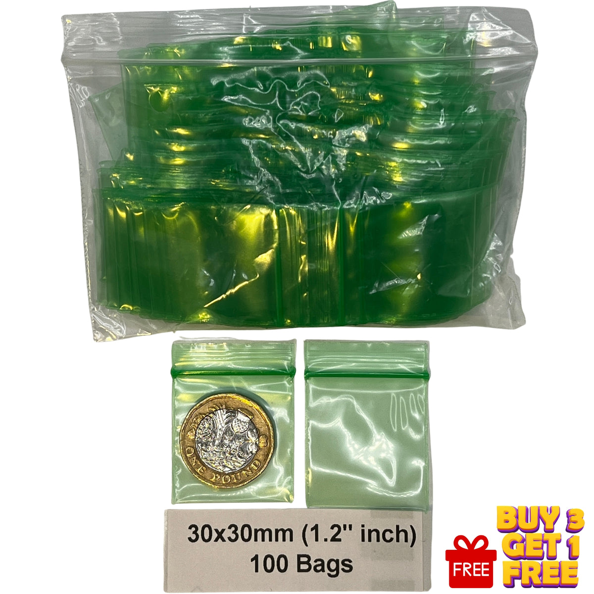 green 30x30mm 1.2 inch clear and coloured plastic zip bags 100 pack size display