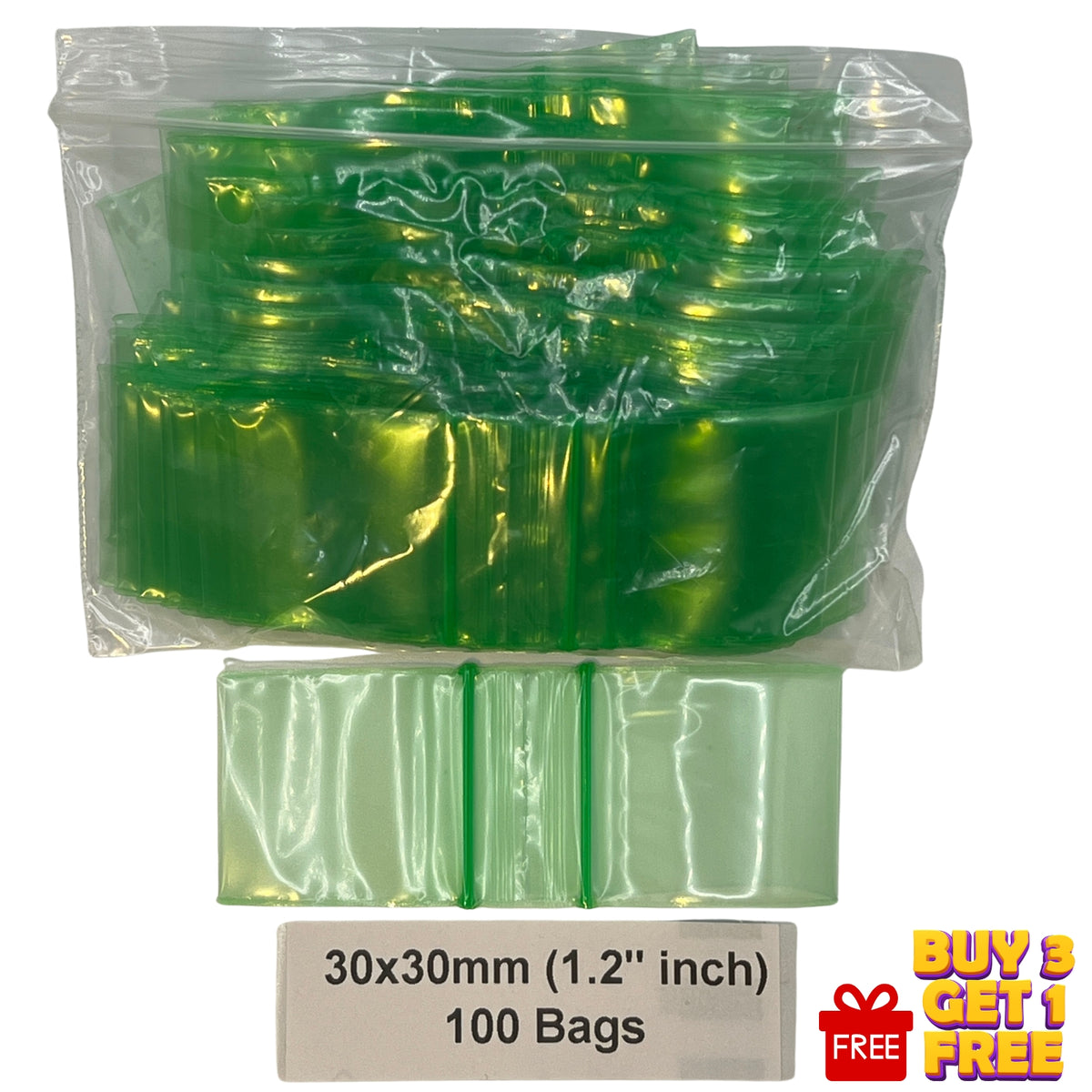 Green: 30x30mm green resealable plastic poly zip bags 100 pack
