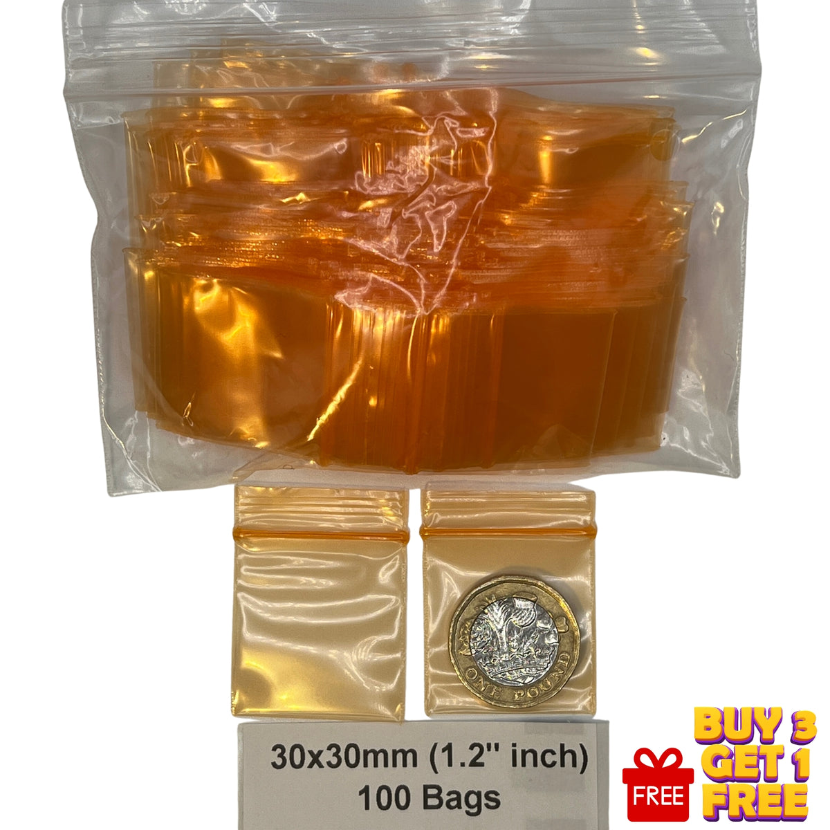 orange 30x30mm 1.2 inch plastic zip bags 100 pack size display