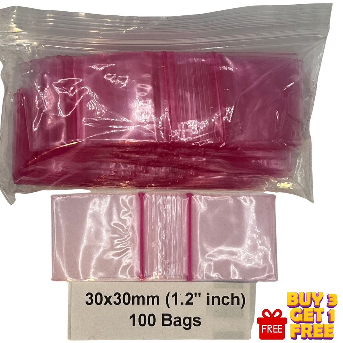 Pink: 30x30mm pink resealable plastic poly zip bags 100 pack