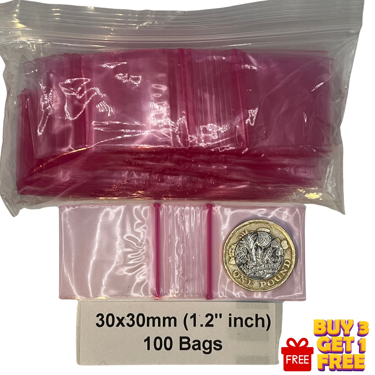 pink 30x30mm 1.2 inch plastic zip bags 100 pack size display