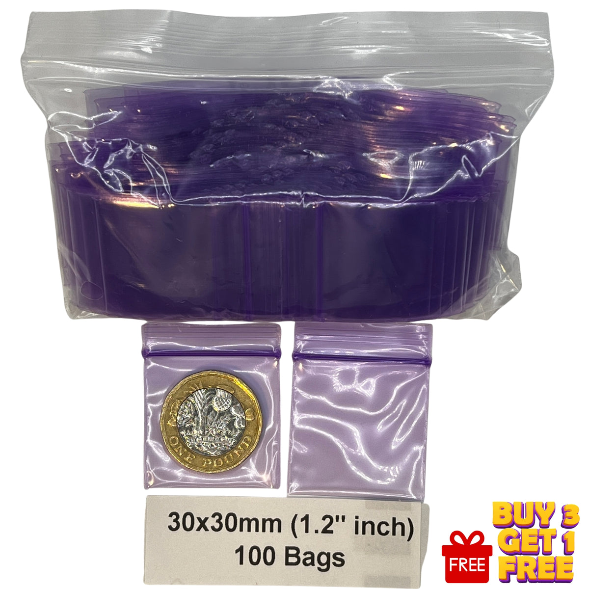 purple 30x30mm 1.2 inch plastic zip bags 100 pack size display