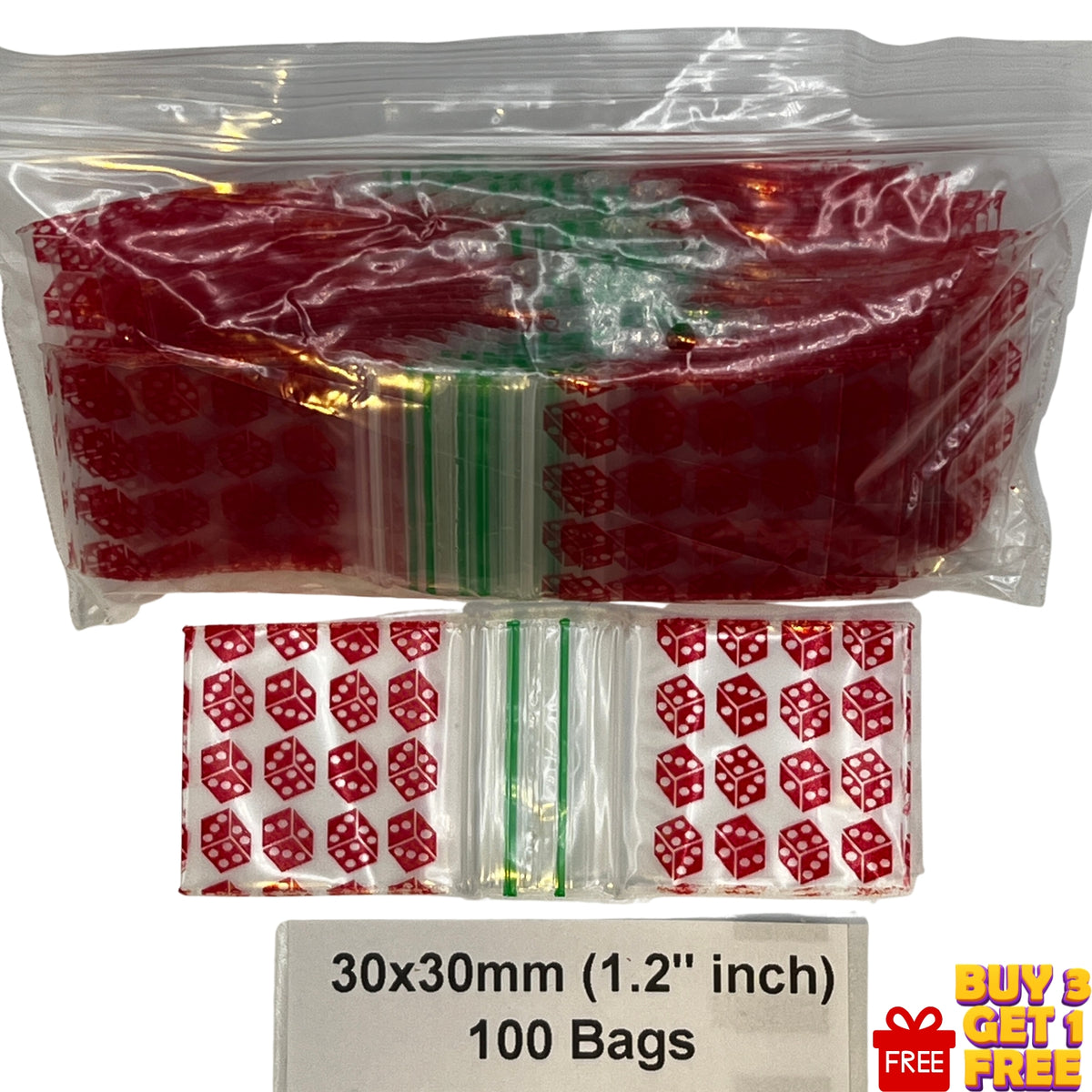 A pack of 100 clear plastic zip-top bags, each printed with a red dice pattern .  size label indicating 30x30mm (1.2 inch)