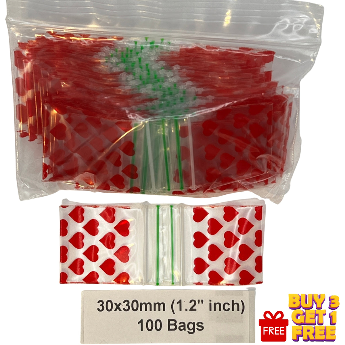 A clear plastic zip baggies ,plastic zipper bags printed with a red heart pattern, shown above an open sample of the same bag. Text at the bottom reads '30x30mm (1.2 inch)