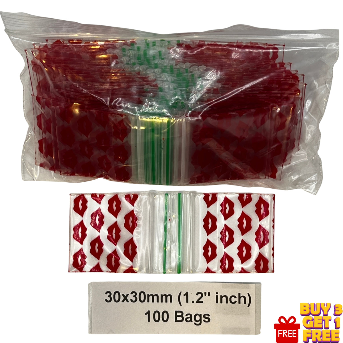 A pack of 100 clear plastic zipper bags (baggies)with red lip print patterns , shown in a clear plastic bag with a size label and a promotional offer badge.