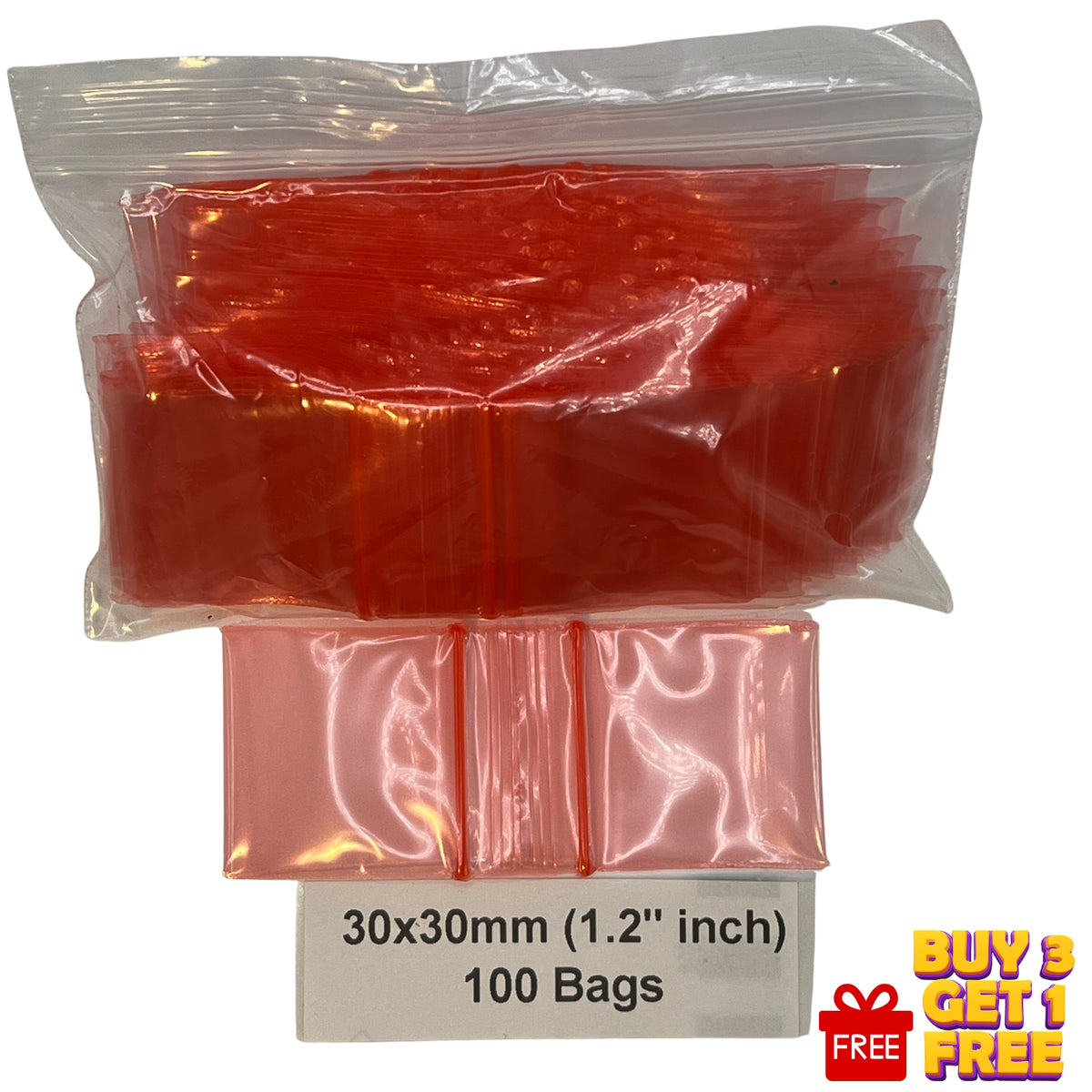 Red: 30x30mm red resealable plastic poly zip bags 100 pack