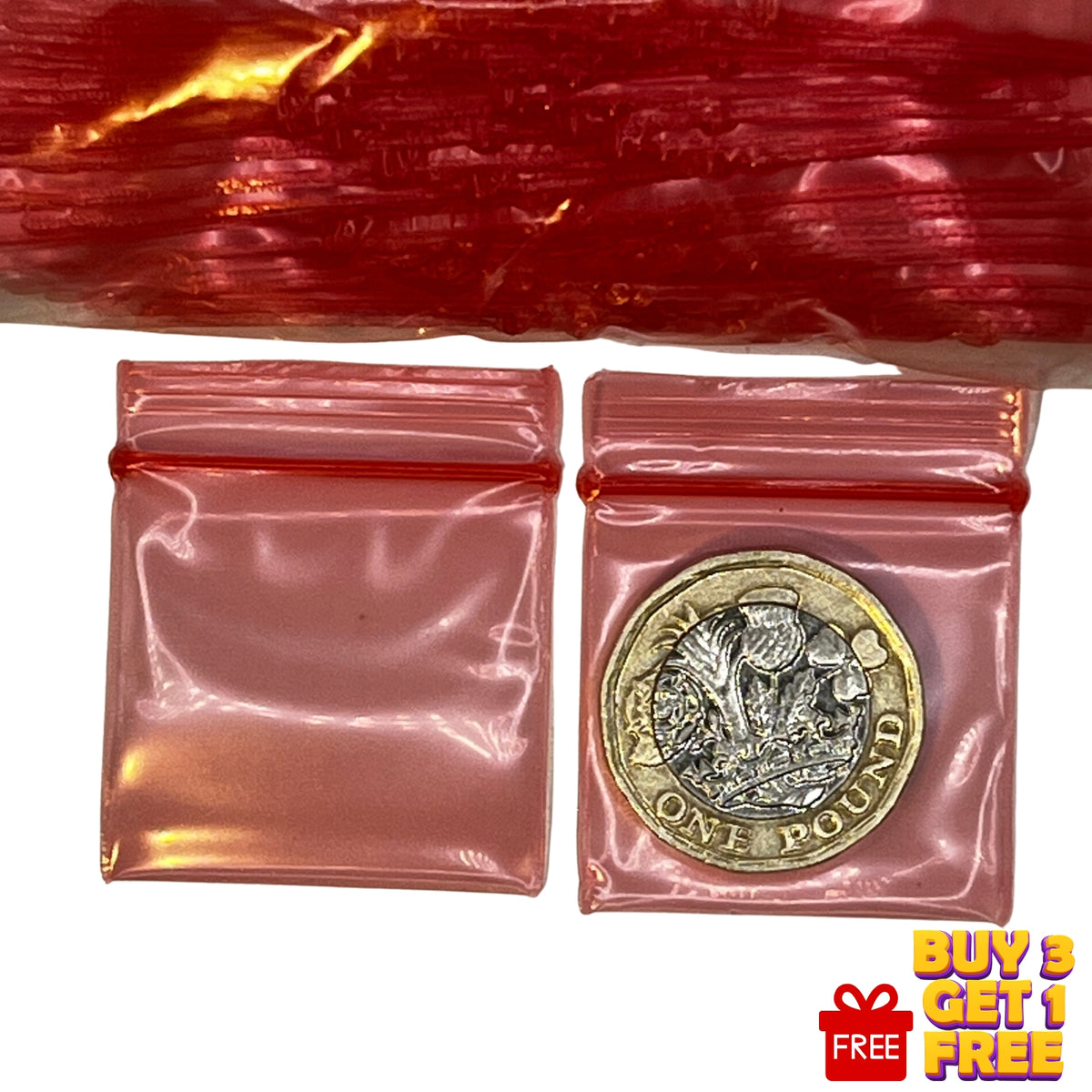 red 30x30mm 1.2 inch plastic zip bags 100 pack size display