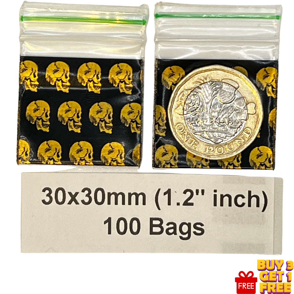 Two clear plastic zip-top bags with black and gold skull-patterned printed, alongside a coin for scale and a paper label reading '30x30mm (1.2" inch) 100 Bags'.