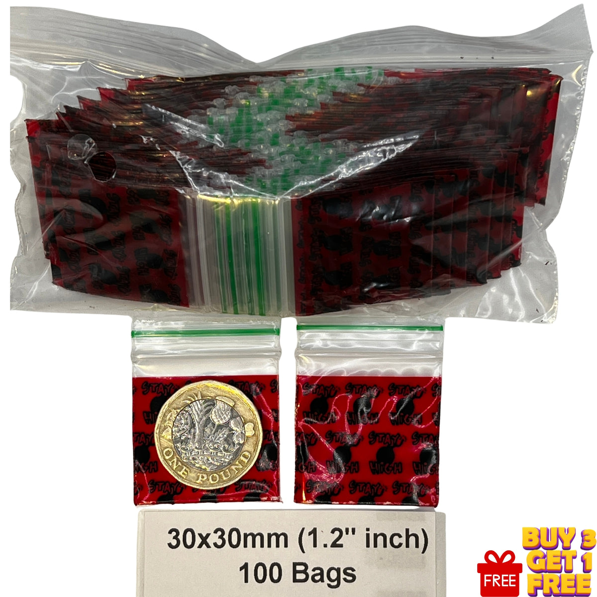 A bulk pack of 100 small clear plastic zip-top bags with stay high print 30x30mm (1.2 inch)