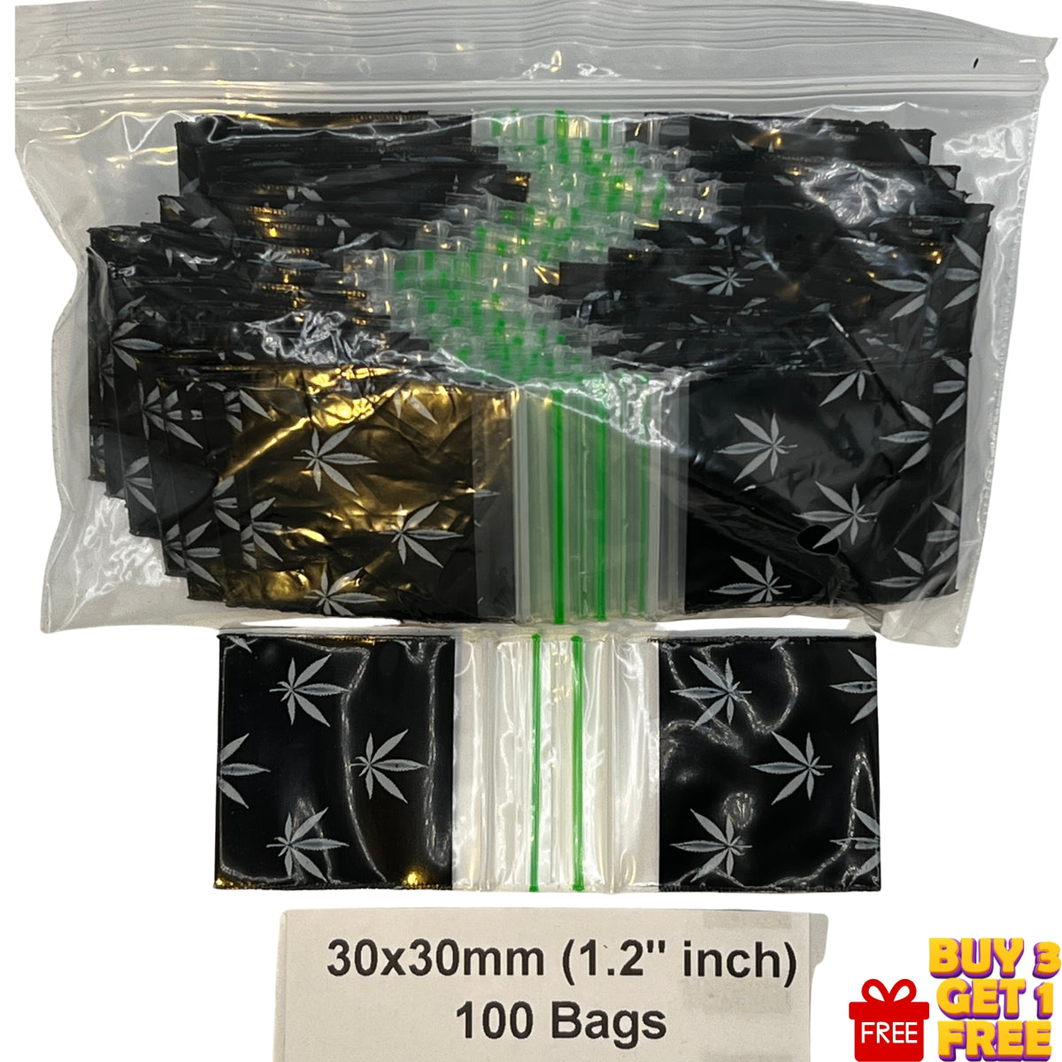 A bulk pack of 100 small white leaf print resealable zipper bags with a A text label at the bottom reads 30x30mm (1.2 inch)