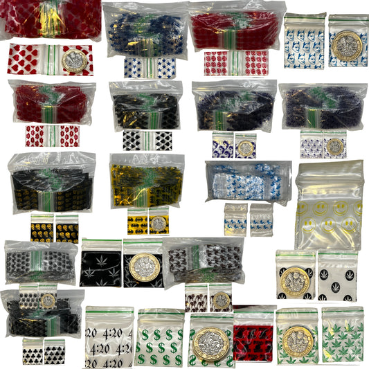 A collage of multiple printed plastic zip bags, each bag showing different printed designs such as red hearts, blue star , green leaves, smiley faces, dollar signs, and black-and-white leaf. No person, animal, or real environment is present, so this is Product/Packaging rather than Lifestyle.