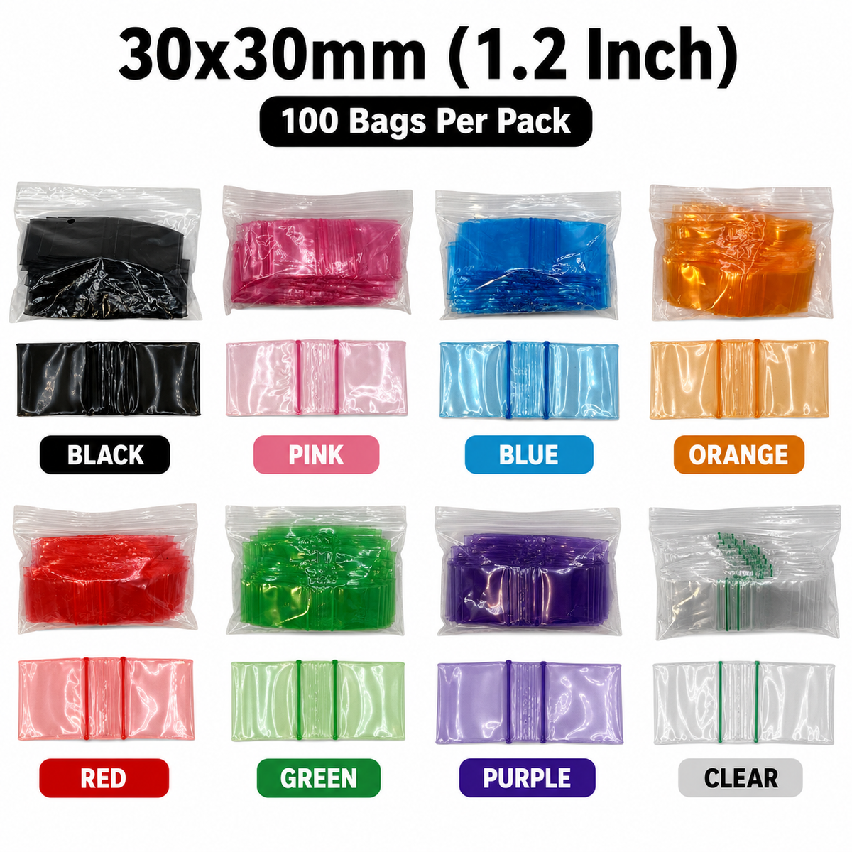 30x30mm 1.2 inch clear and coloured plastic zip bags 100 pack size display