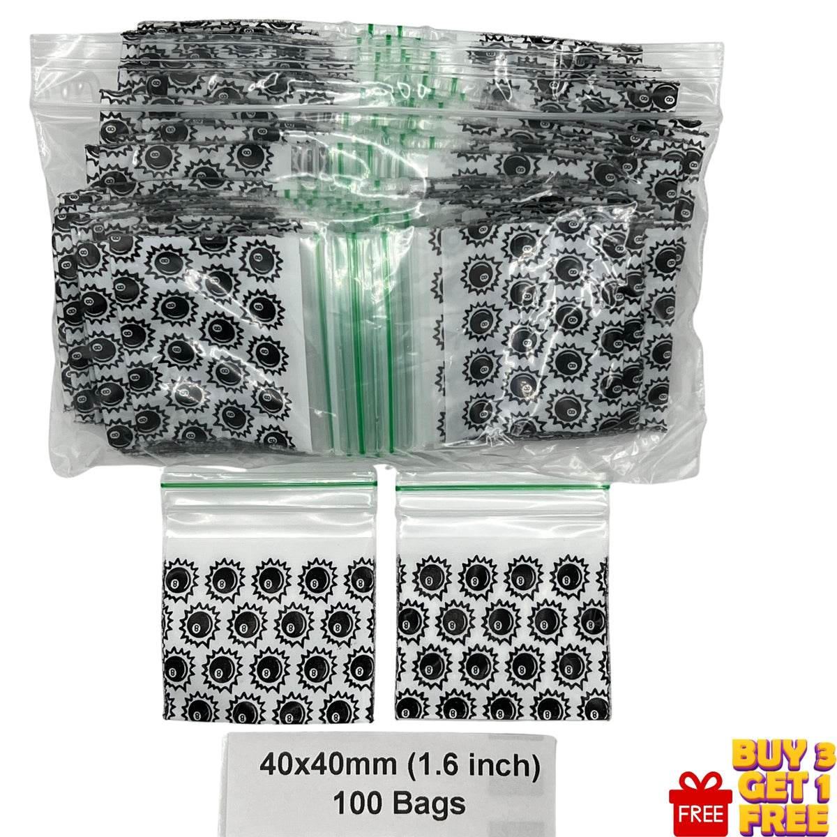 A pack of plastic zip bags with 8 ball print patterned seals and green zipper tabs, indicating 40x40mm (1.6 inch) and 100 bags, plus a promotional 'BUY 3 GET 1 FREE' badge in the corner.