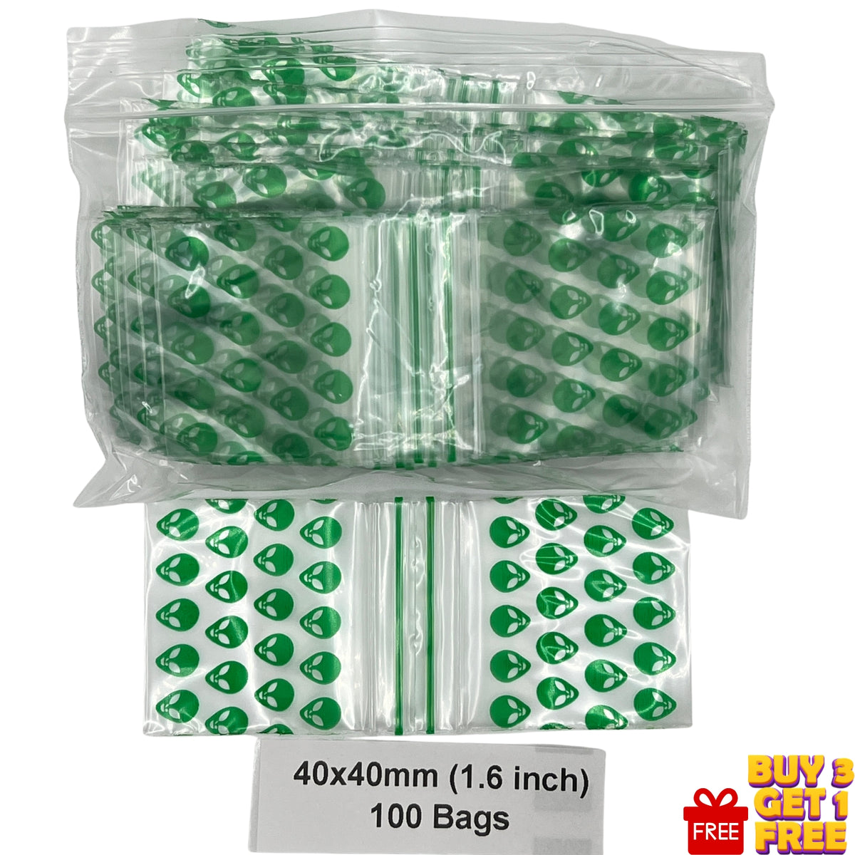 A bulk pack of 100 poly clear plastic zipper bags, each sealed with a green alien print. The baggies are displayed in a large top pack and two smaller individual bags below, with a text label indicating '40x40mm .