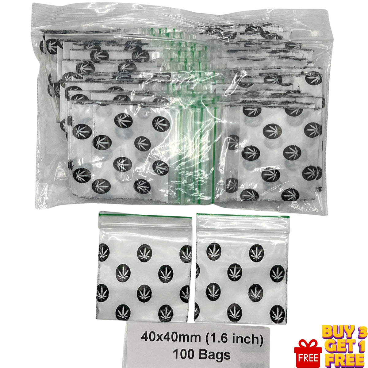 A pack of 100 clear plastic zip baggies with green seals, each printed white with black leaf '40x40mm (1.6 inch)